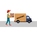 Delivery Man with a Box and Truck, Vector Royalty Free Stock Photo