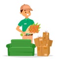 Delivery man boy vector service workers and clients flower couriers delivering man characters shop mailmen bringing Royalty Free Stock Photo