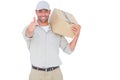 Delivery man with cardboard box gesturing thumbs up Royalty Free Stock Photo