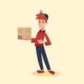 Delivery man with cardboard parcel box. Fast Delivery service by courier. Vector cartoon character illustration. Delivery concept Royalty Free Stock Photo