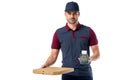 delivery man with cardboard pizza box and cardkey reader in hands