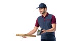 delivery man with cardboard pizza box and cardkey reader in hands