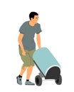 Delivery man carrying barrel of goods by cart vector illustration. Post man with package. Distribution storehouse.