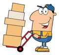 Delivery Man Cartoon Character Using A Dolly To Move Boxes Royalty Free Stock Photo