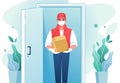 Delivery man. Cartoon courier with face mask at the door with cardboard package, coronavirus prevention. Vector delivery