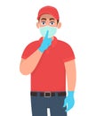 Delivery man or courier in mask and gloves showing finger on lips. Person asking silence. Sh! Keep quiet! Male making silent