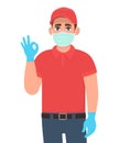 Delivery man or courier in mask and gloves showing okay, OK sign. Person gesturing cool. Male making success symbol with fingers.