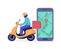 Delivery man or courier riding scooter to service fast food box and phone app concept. Vector Royalty Free Stock Photo