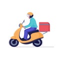 Delivery man or courier riding scooter to service fast food box. Vector Royalty Free Stock Photo