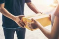 Delivery man delivering holding parcel box