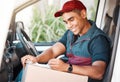 Delivery man, driver and writing on checklist or box working for courier service with package, shipment or parcel in Royalty Free Stock Photo