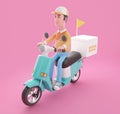Delivery man drives scooter with clipping path 3D illustration concept. 3D rendering