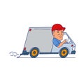 Delivery Man Driving Truck Van Cartoon