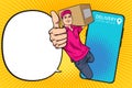 Delivery man employee with big box thump up out from smartphone