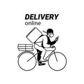 Delivery man in face mask on bike. Courier on bicycle with parcel box. Vector illustration