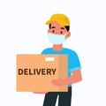Delivery man in face mask. Courier holding box, male character express shipping food and parcels, shopping service