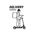 Delivery man in face mask riding electric scooter. Courier on kick scooter. Vector illustration