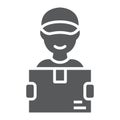 Delivery man glyph icon, courier and delivery, man holding box sign vector graphics, a solid icon on a white background Royalty Free Stock Photo