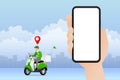 Delivery man going to deliver parcel, food, product to customer by app on blank screen smartphone tracking on a moped with a ready Royalty Free Stock Photo