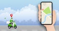 Delivery man going to deliver parcel, food, product to customer by app on blank screen smartphone tracking on a moped with a ready