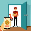 Delivery man handing fast food set and pizza box on doorway. Order food online via smartphone and deliver to customer home. Food d