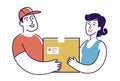 Delivery man hands box to customer. Moving service symbol vector illustration