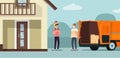 A delivery man hands a box unloaded from a cargo van to a man and a boy. Vector flat illustration