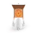 Delivery man holding box with tasty pizza hand top view Royalty Free Stock Photo