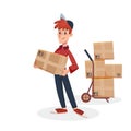 Delivery man holding cardboard parcel box with delivery hand cart with boxes on background. Fast Delivery service by Royalty Free Stock Photo