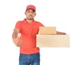 Delivery man holding carton boxes, thumb up in uniform Royalty Free Stock Photo
