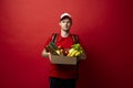 Delivery man holding paper box full of groceries over the white wall. Online supermarket. Food delivery service. Royalty Free Stock Photo