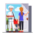 Delivery man holding pizza box delivered to woman Royalty Free Stock Photo