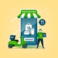 Delivery man holds a food bag standing with a motorcycle. Food delivery online on mobile application.