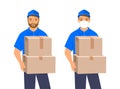 Delivery man holds in hands postal parcel boxes