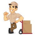 Delivery man leaning on packages and giving thumb up