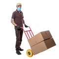 Delivery man with mask for covid-19. handtruck with packages