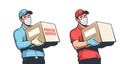 Delivery man in medical mask and gloves, courier with parcel in hand