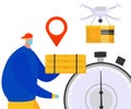 Delivery man package, drone flying box, location pin above. Logistics modern delivery service Royalty Free Stock Photo