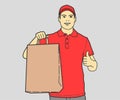 Delivery Man With Paper Bag in Hands Showing Thumb Up. Royalty Free Stock Photo