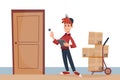 Delivery man with parcels at the door rings the doorbell. Fast Delivery service to the door by courier concept. Cartoon flat Royalty Free Stock Photo