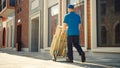 Delivery Man Pushes Hand Truck Trolley Full of Cardboard Boxes, Packages For Delivery. Professiona Royalty Free Stock Photo