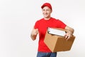 Delivery man in red uniform isolated on white background. Male courier in cap, t-shirt holding pen, clipboard with Royalty Free Stock Photo