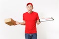 Delivery man in red uniform isolated on white background. Male courier in cap, t-shirt holding pen, clipboard with Royalty Free Stock Photo