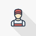 Delivery man in red uniform thin line flat color icon. Linear vector symbol. Colorful long shadow design.