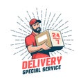 Delivery man retro logo. Bearded courier with parcel