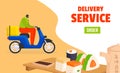 Delivery man riding blue scooter with yellow box, sushi and teapot, asian food delivery service concept. Online food