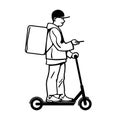 Delivery man riding electric scooter. Courier on kick scooter with parcel box. Online delivery service.vector illustration