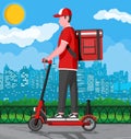 Delivery man riding kick scooter with box