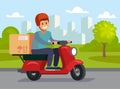 Delivery man riding red motor bike.