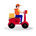 Delivery man riding by red motorcycle or scooter illustration. Express transportations concept. Flat style, logo design vector Royalty Free Stock Photo